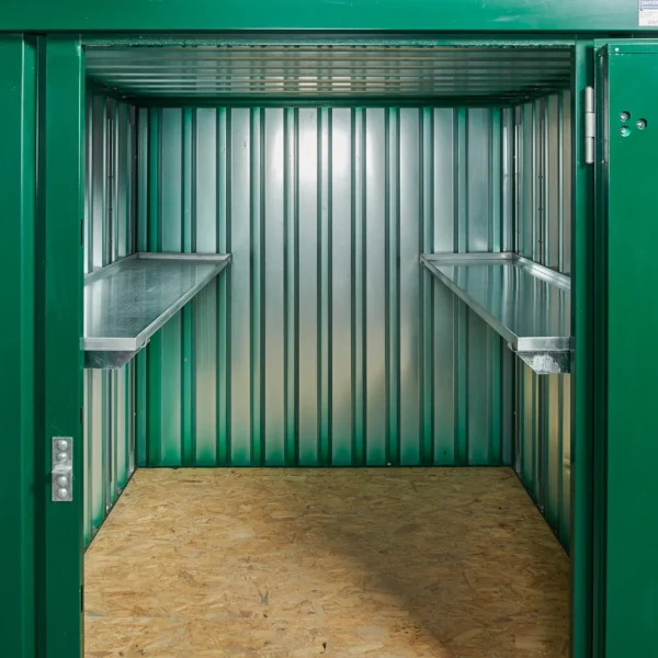 1251-2m-flat-pack-shelving-both-sides-with-bg-5.webp 2m Flat Pack Container Shelving Bundle – Both Sides & Rear (Single Tier)