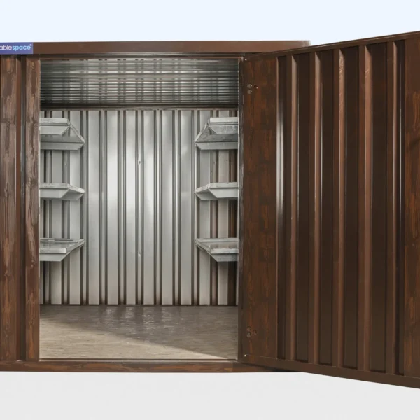 291-wood-effect-flatpack-store-with-shelving Wood-Effect Flat Packed Storage Container 2m x 2.1m