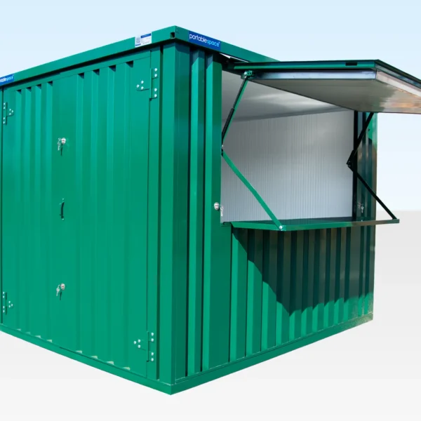 Insulated-Kiosk-Doors-Closed-6005-3-1.webp Insulated 3m XL Flat Pack Kiosk (RAL6005) – Green