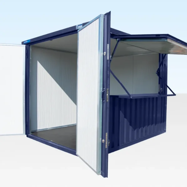 Insulated-Kiosk-Doors-Open-5013-1536×1024-1.webp Insulated 4m XL Flat Pack Kiosk (RAL5013) – Blue