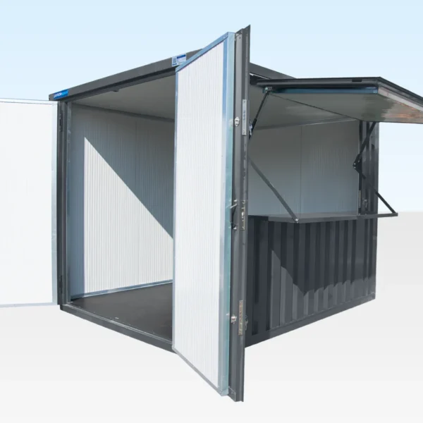 Insulated-Kiosk-Doors-Open-7015-1-2.webp Insulated 4m XL Flat Pack Kiosk (RAL7015) – Grey