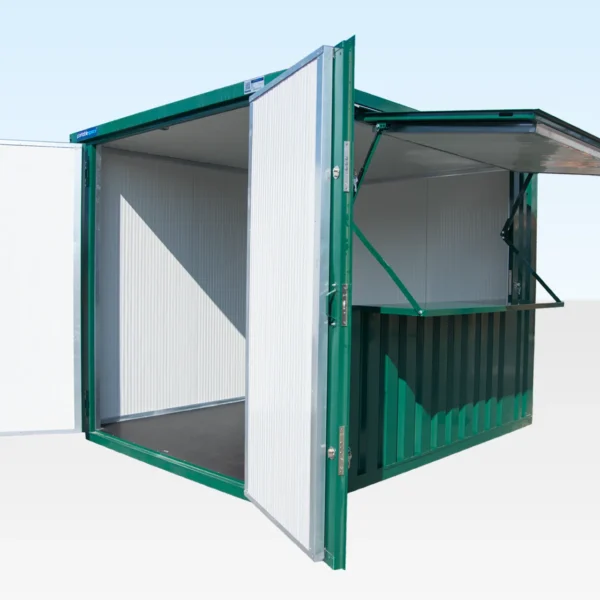 Insulated-Kiosk-Doors-Open-Hatch-Open-1-2.webp Insulated 4m XL Flat Pack Kiosk (RAL6005) – Green