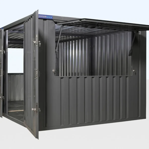 Portable-Space-4.231027 3m x 4.2m Side Linked Flat Packed Kiosk Bundle (RAL7015)