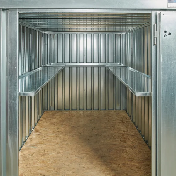 QF1260-with-single-shelf.webp 3m Flat Pack Container Shelving Bundle – Both Sides & Rear (Single Tier)